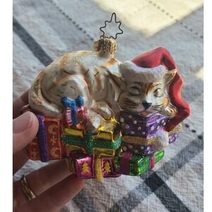 Christopher Radko Sleeping Cat on Presents Glass Christmas Ornament Santa Hat